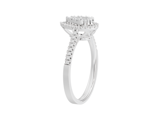 Sterling silver lab diamond ring with raised pear-shaped cluster and pavé details