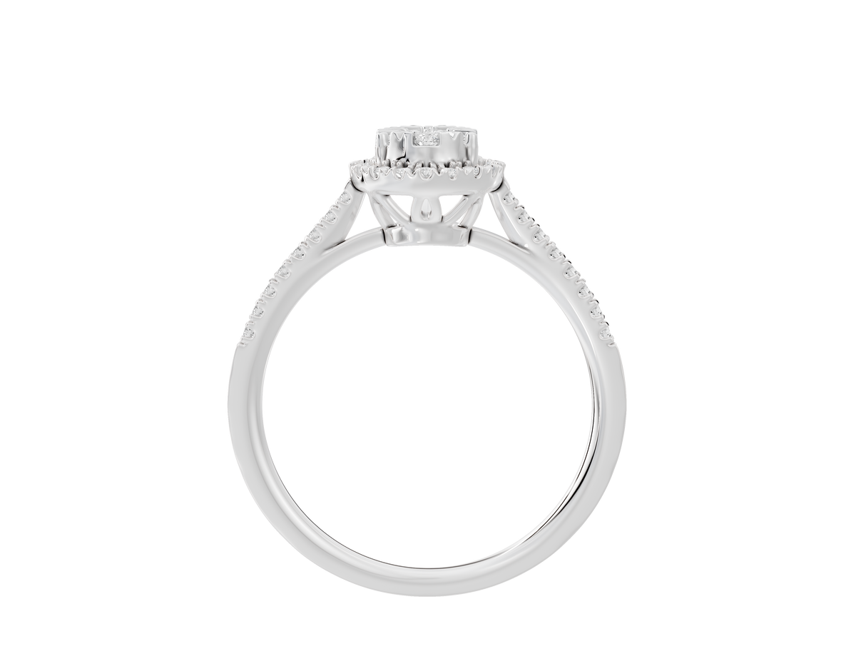 Sterling silver lab diamond ring with pear-shaped centerpiece and pavé shoulders