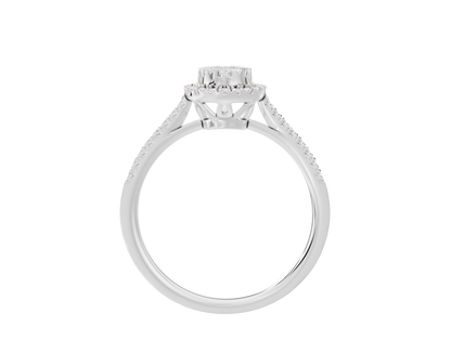 Sterling silver lab diamond ring with pear-shaped centerpiece and pavé shoulders