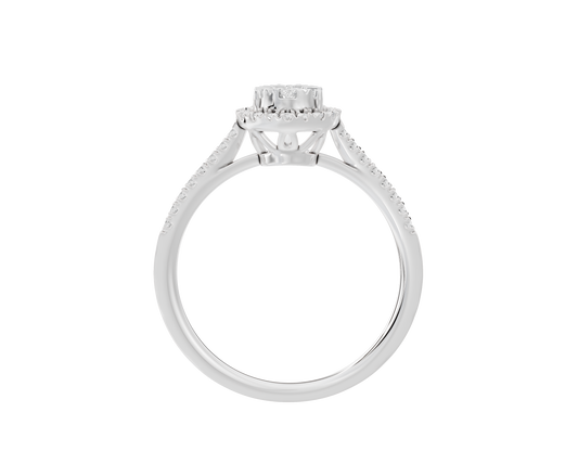 Sterling silver lab diamond ring with pear-shaped centerpiece and pavé shoulders