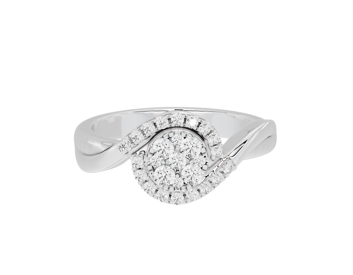 Sterling silver lab diamond ring with oval halo and curved band