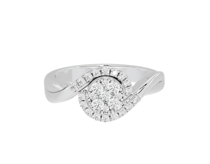 Sterling silver lab diamond ring with oval halo and curved band
