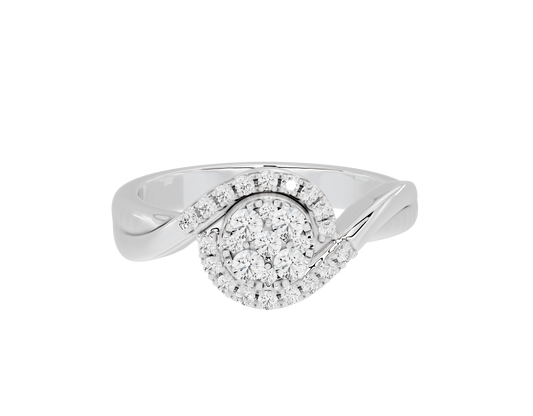 Sterling silver lab diamond ring with oval halo and curved band