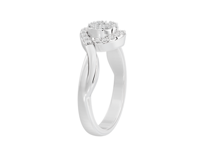 Sterling silver lab diamond ring shown in side view with halo detail