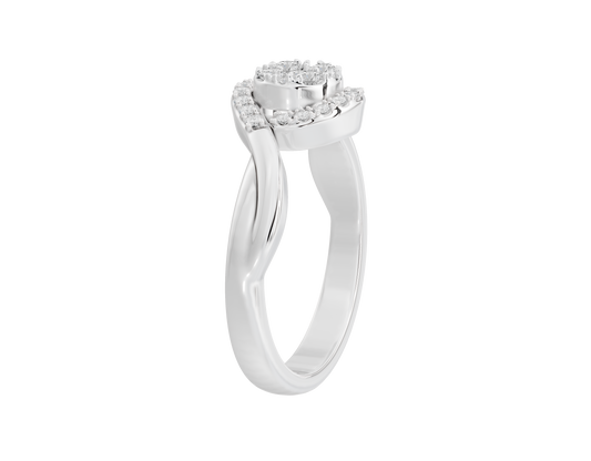 Sterling silver lab diamond ring shown in side view with halo detail