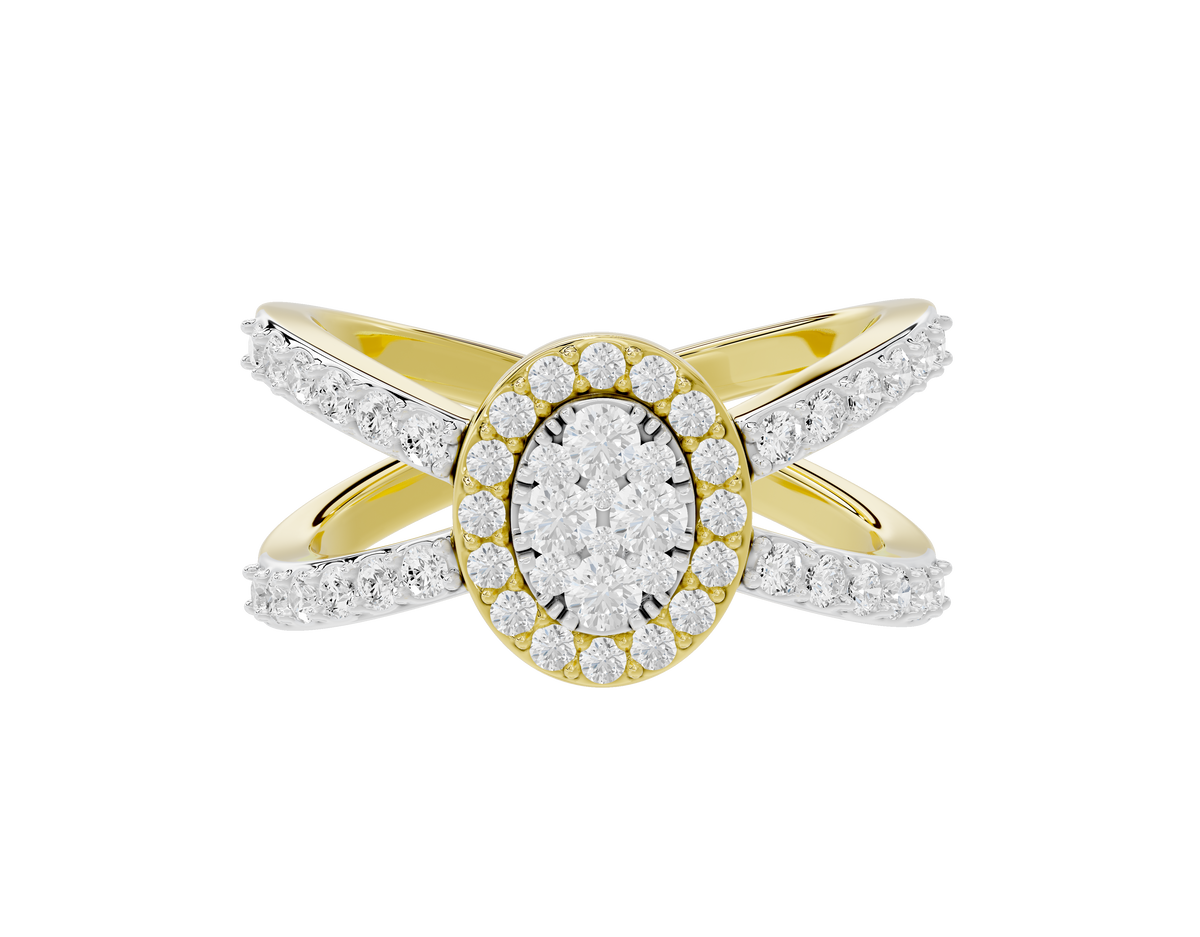 Yellow gold vermeil lab diamond ring with oval center and crisscross pavé setting
