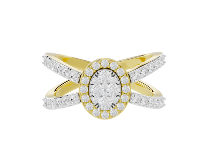 Yellow gold vermeil lab diamond ring with oval center and crisscross pavé setting