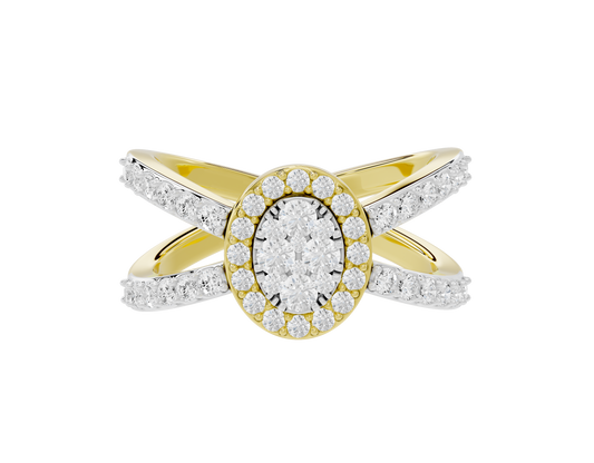 Yellow gold vermeil lab diamond ring with oval center and crisscross pavé setting