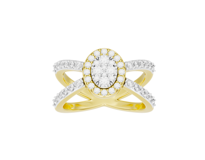 Yellow gold vermeil lab diamond ring with oval halo and X-shaped pavé bands