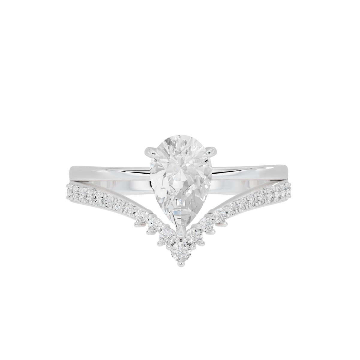 Sterling silver teardrop lab diamond ring with wide band and three-stone layout
