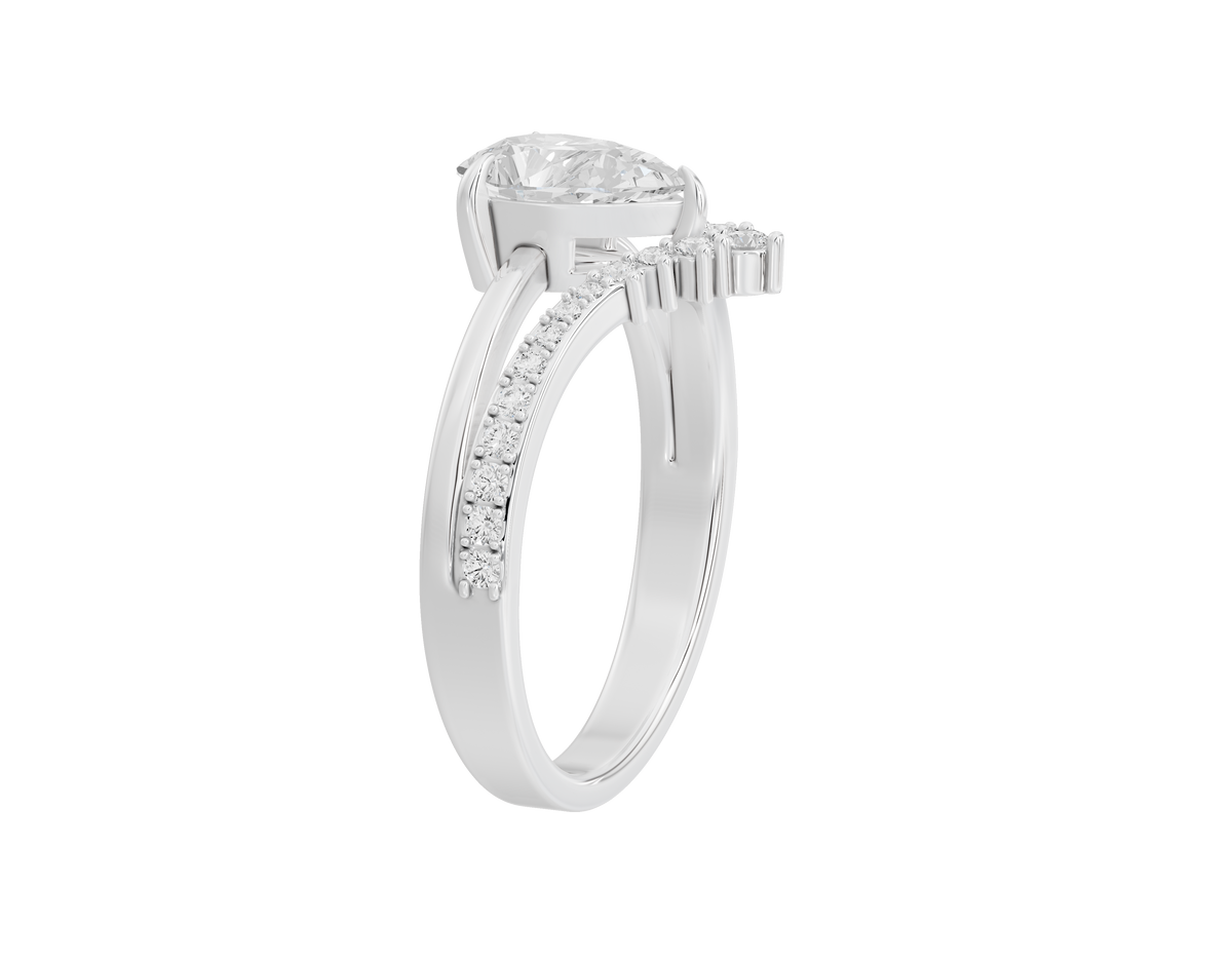 Sterling silver lab diamond ring angled view with side prong-set stones