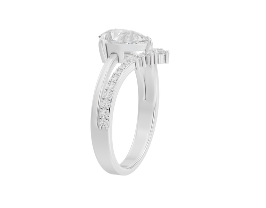Sterling silver lab diamond ring angled view with side prong-set stones