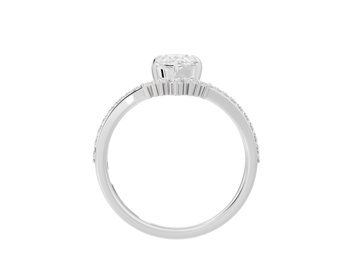 Sterling silver teardrop lab diamond ring top view with raised center stone