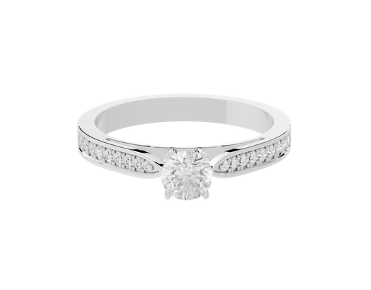 Sterling silver ring with round center lab diamond and pavé side bands
