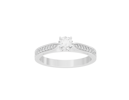 Sterling silver ring with round center lab diamond and pavé band details