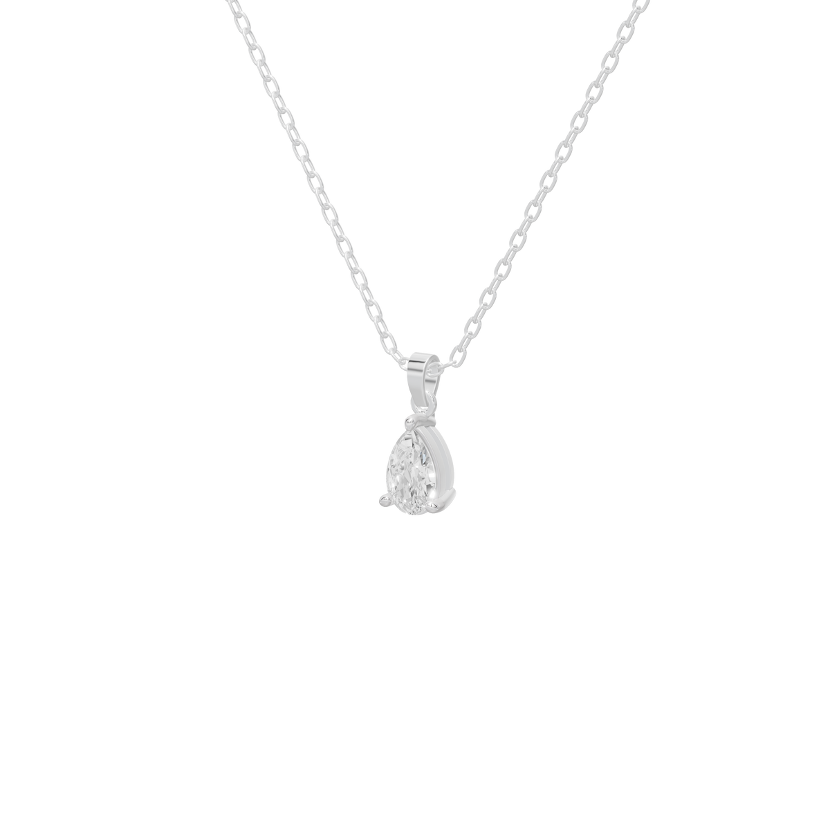 Sterling silver teardrop lab diamond pendant on chain, close-up
