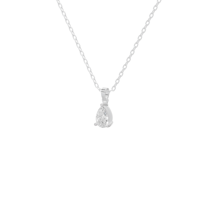 Sterling silver teardrop lab diamond pendant on chain, close-up