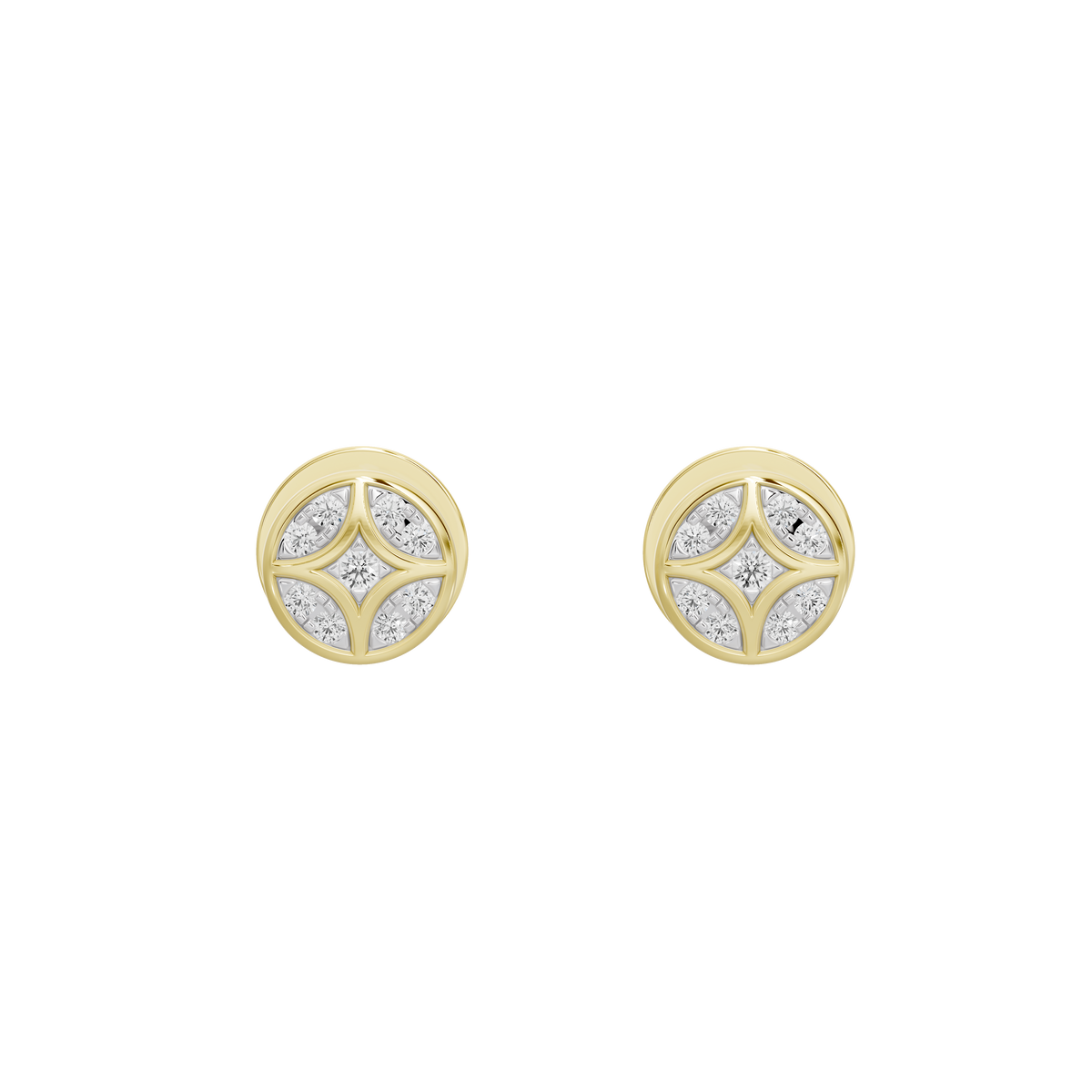 Round stud earrings with shield-like lattice design and lab diamonds, yellow gold vermeil