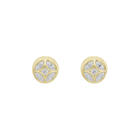 Round stud earrings with shield-like lattice design and lab diamonds, yellow gold vermeil