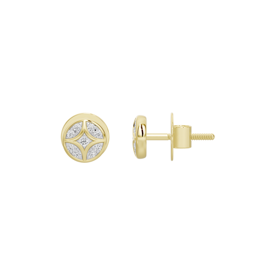 Yellow gold vermeil stud earrings with round back post and diamond shield design