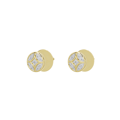 Round yellow gold vermeil stud earrings with diamond shield lattice, prong-set details