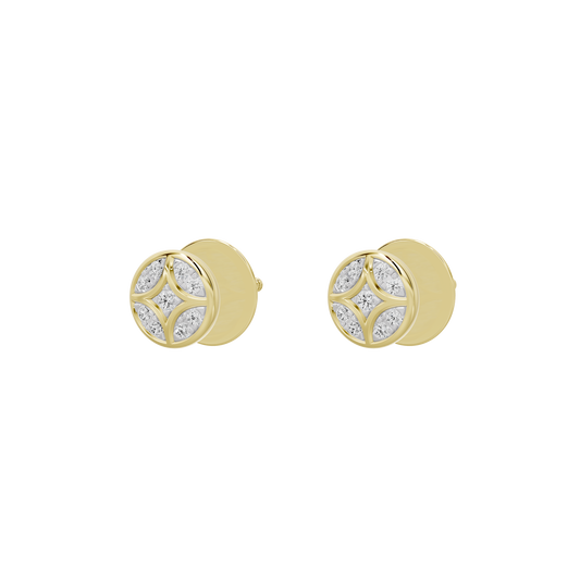 Round yellow gold vermeil stud earrings with diamond shield lattice, prong-set details