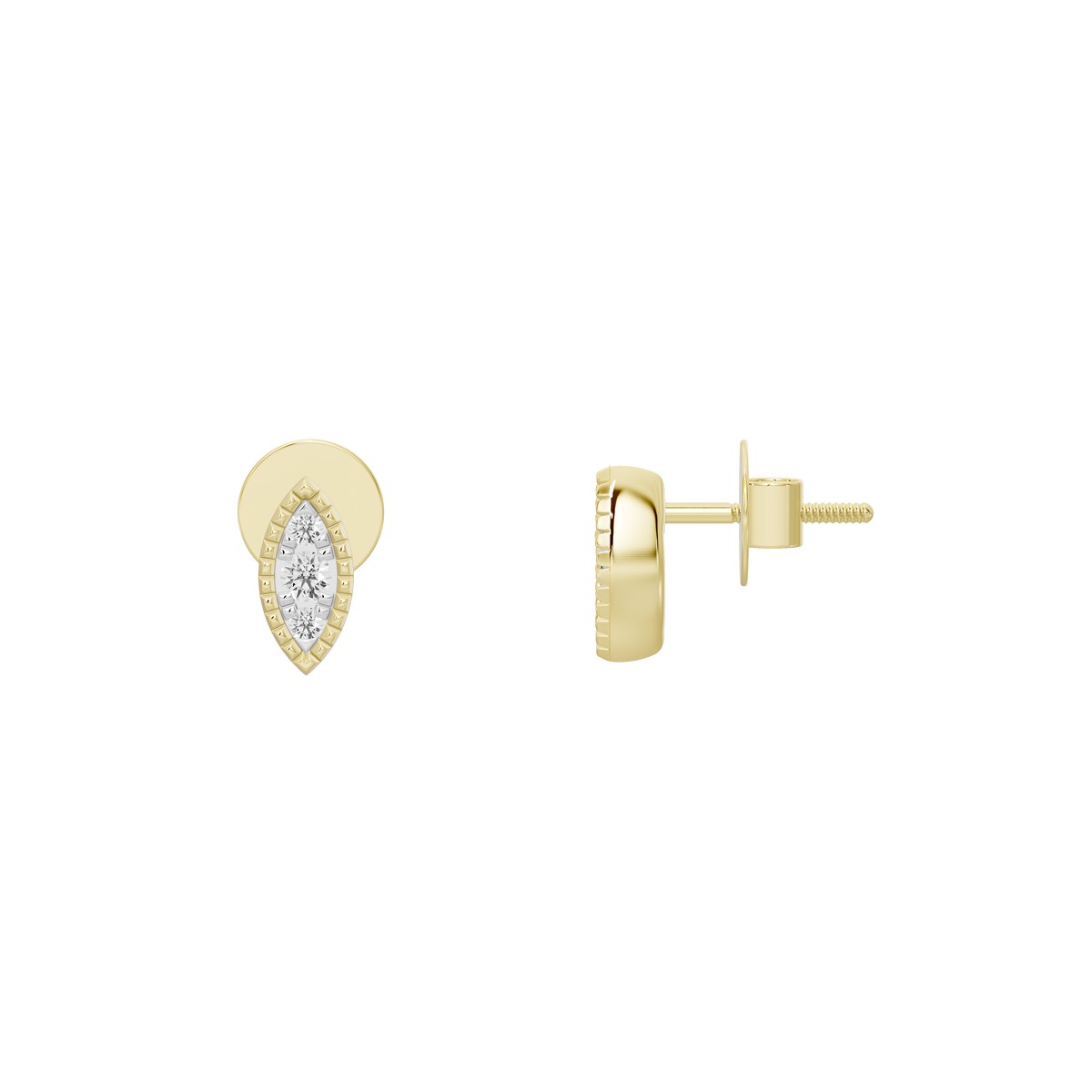 Marquise lattice lab diamond stud earrings, yellow gold vermeil, front view