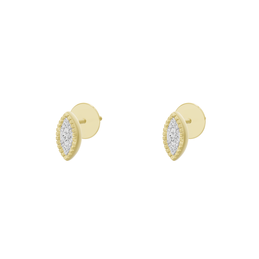 Marquise lattice lab diamond stud earrings, yellow gold vermeil, side view