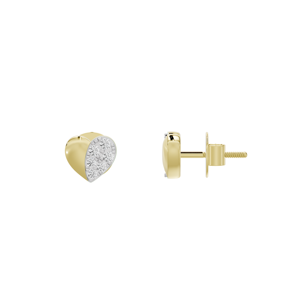 Heart lab diamond stud earrings in yellow gold vermeil with butterfly backs, side view