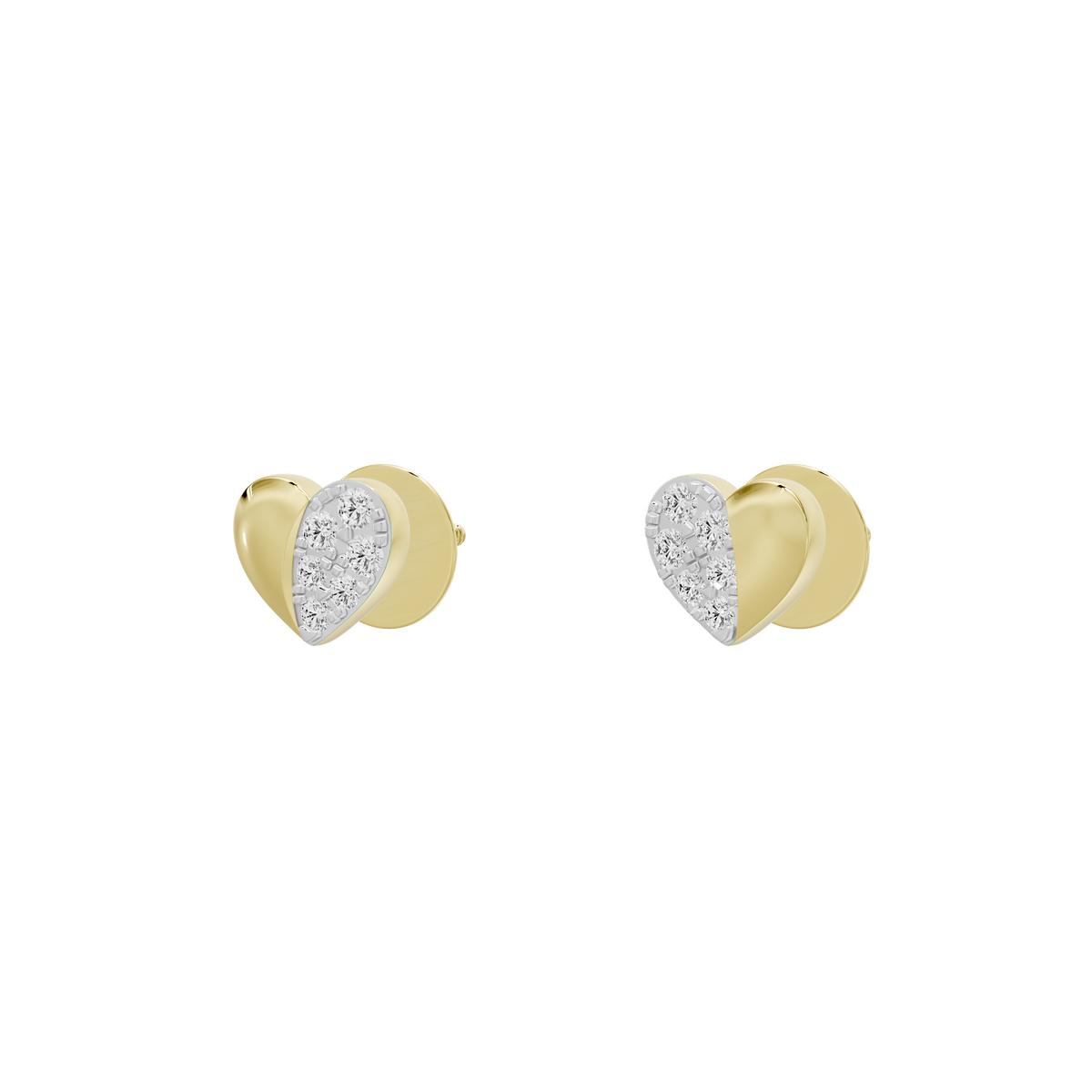 Heart lab diamond stud earrings in yellow gold vermeil with white center stones, front view