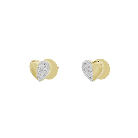Heart lab diamond stud earrings in yellow gold vermeil with white center stones, front view