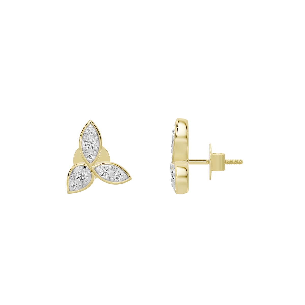 Trillion lab diamond earrings in yellow gold vermeil, three-stone triangular cluster