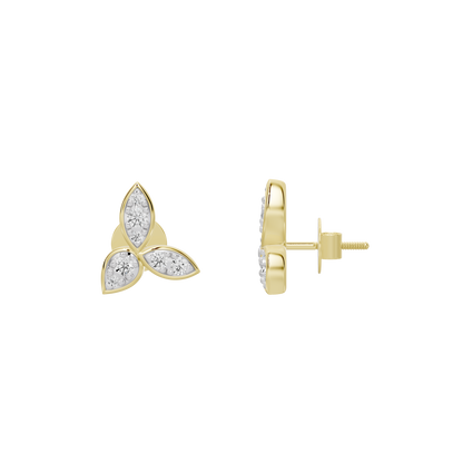 Trillion lab diamond earrings in yellow gold vermeil, three-stone triangular cluster