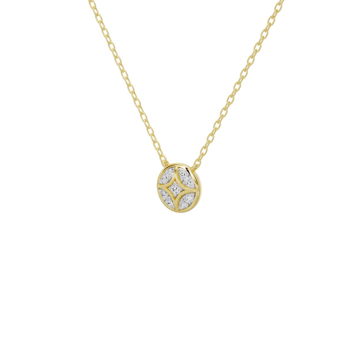 Round shield lab diamond pendant in yellow gold vermeil, detailed halo