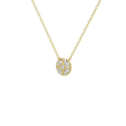 Round shield lab diamond pendant in yellow gold vermeil, detailed halo