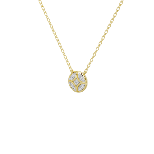 Round shield lab diamond pendant in yellow gold vermeil, detailed halo