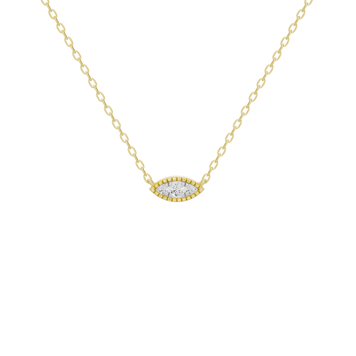 Gold vermeil marquise diamond pendant on thin chain, angled view