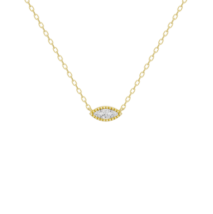 Gold vermeil marquise diamond pendant on thin chain, angled view