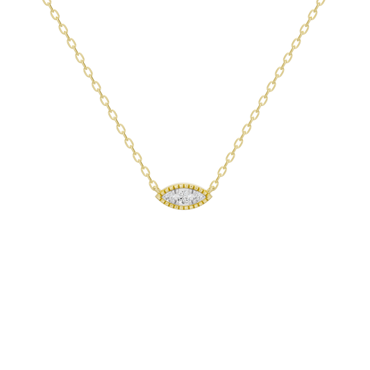 Gold vermeil marquise diamond pendant on thin chain, angled view