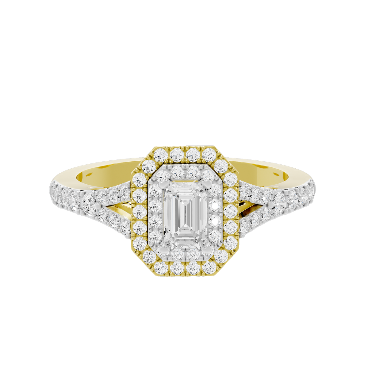 Bagutte Sun Helo lab diamond ring with emerald-cut center and pavé halo, gold vermeil