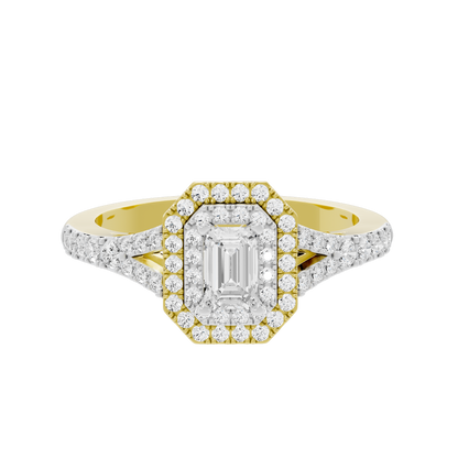 Bagutte Sun Helo lab diamond ring with emerald-cut center and pavé halo, gold vermeil