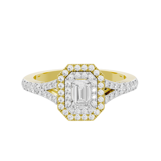Bagutte Sun Helo lab diamond ring with emerald-cut center and pavé halo, gold vermeil