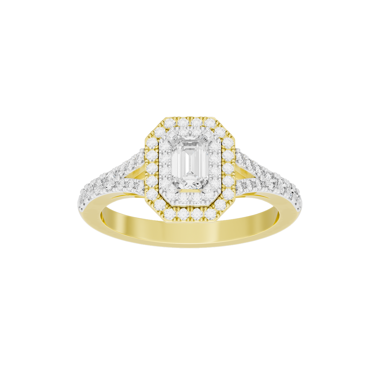 Bagutte Sun Helo lab diamond ring angled view with gold vermeil band and halo stones