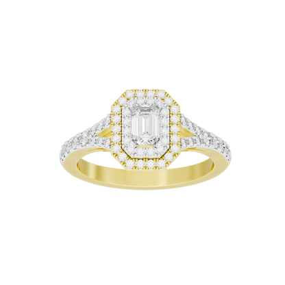 Bagutte Sun Helo lab diamond ring angled view with gold vermeil band and halo stones