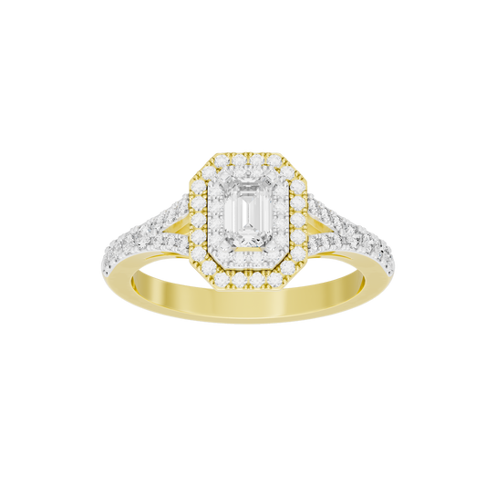 Bagutte Sun Helo lab diamond ring angled view with gold vermeil band and halo stones