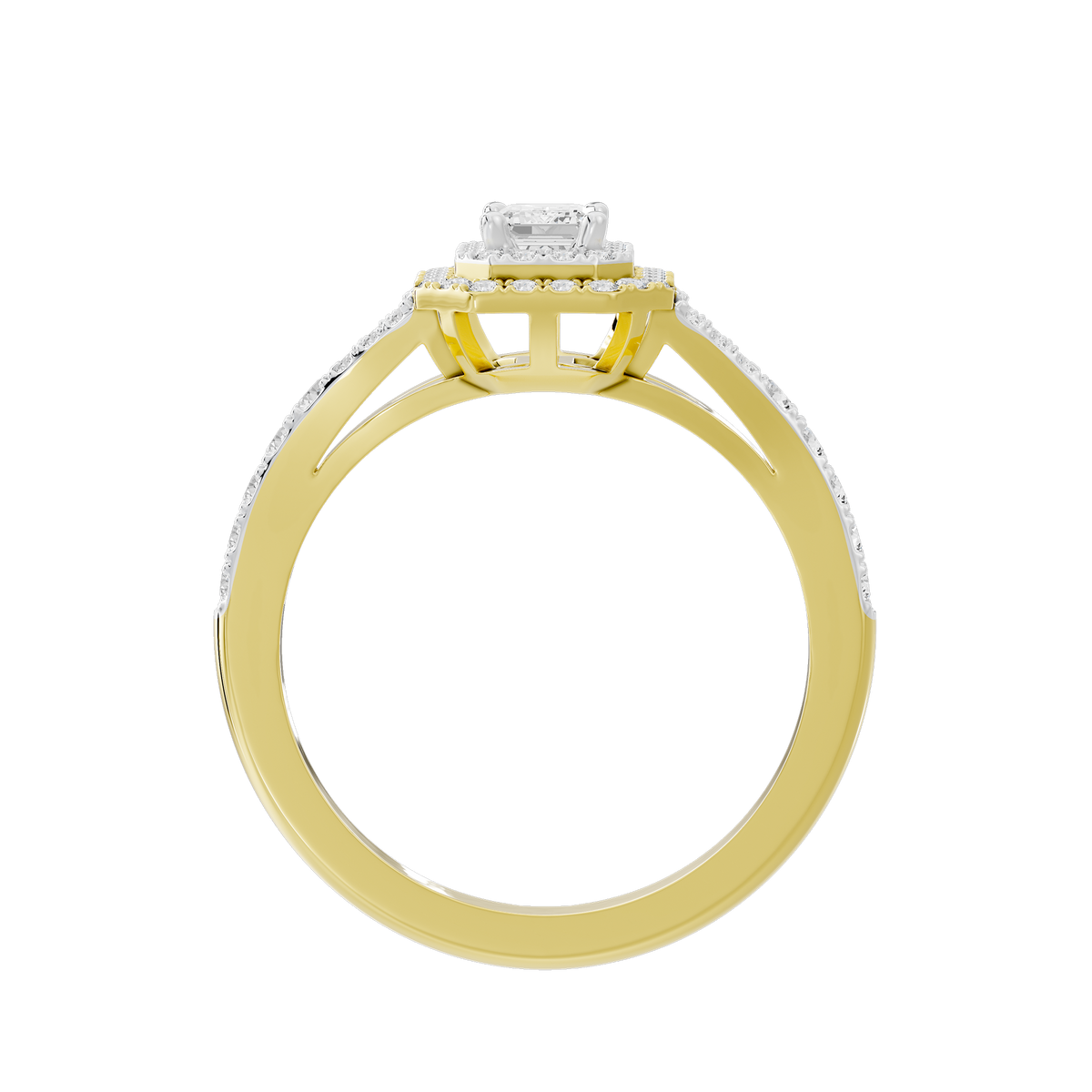 Bagutte Sun Helo lab diamond ring top view with baguette halo and yellow gold vermeil band