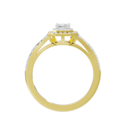 Bagutte Sun Helo lab diamond ring top view with baguette halo and yellow gold vermeil band