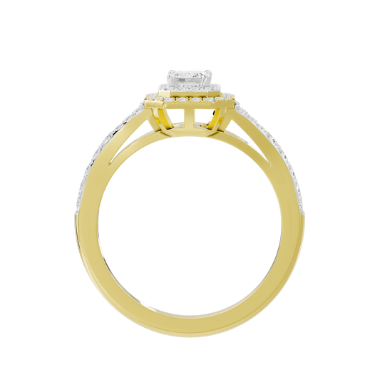 Bagutte Sun Helo lab diamond ring top view with baguette halo and yellow gold vermeil band