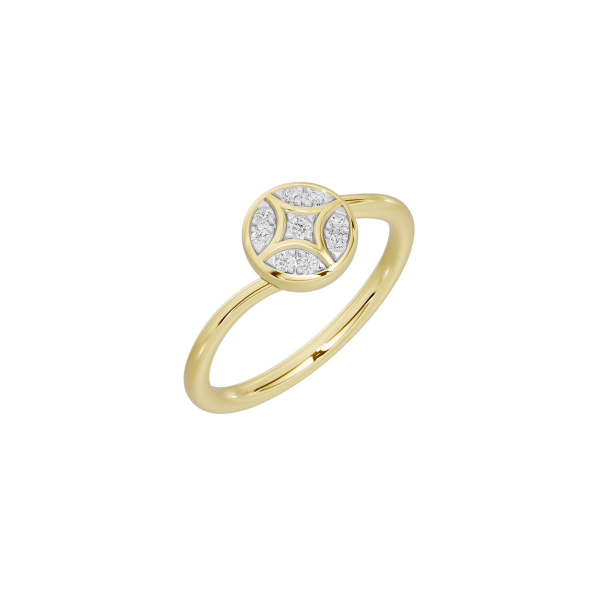 Yellow gold vermeil shield diamond ring, angled view with open gallery