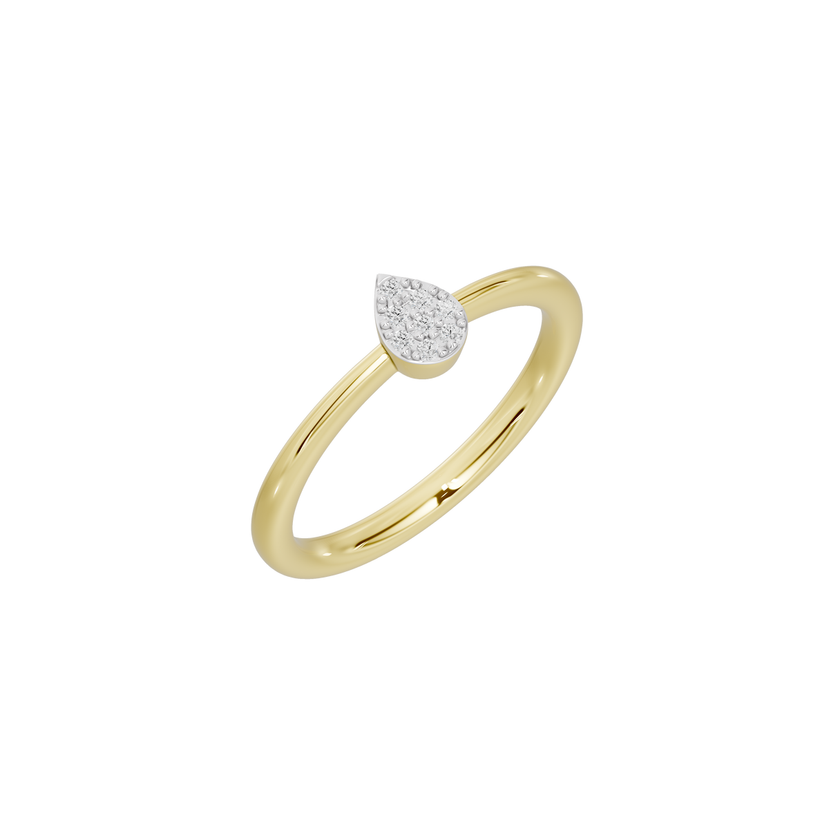Yellow gold vermeil lab diamond ring with pear-shaped center stone, angled view.